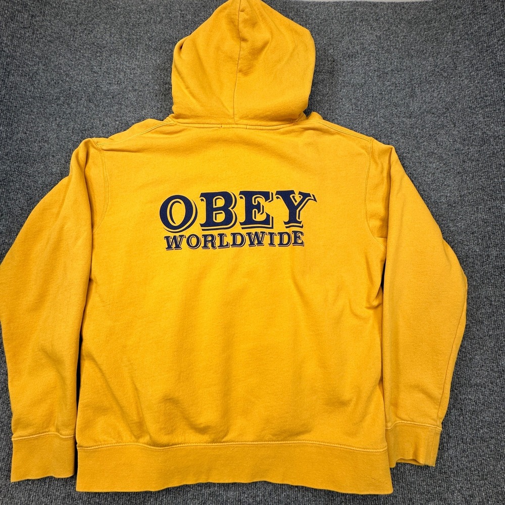 Obey Worldwide Hoodie Mens Large Oversized Yellow Distressed Sweatshirt PLS READ - Picture 5 of 12